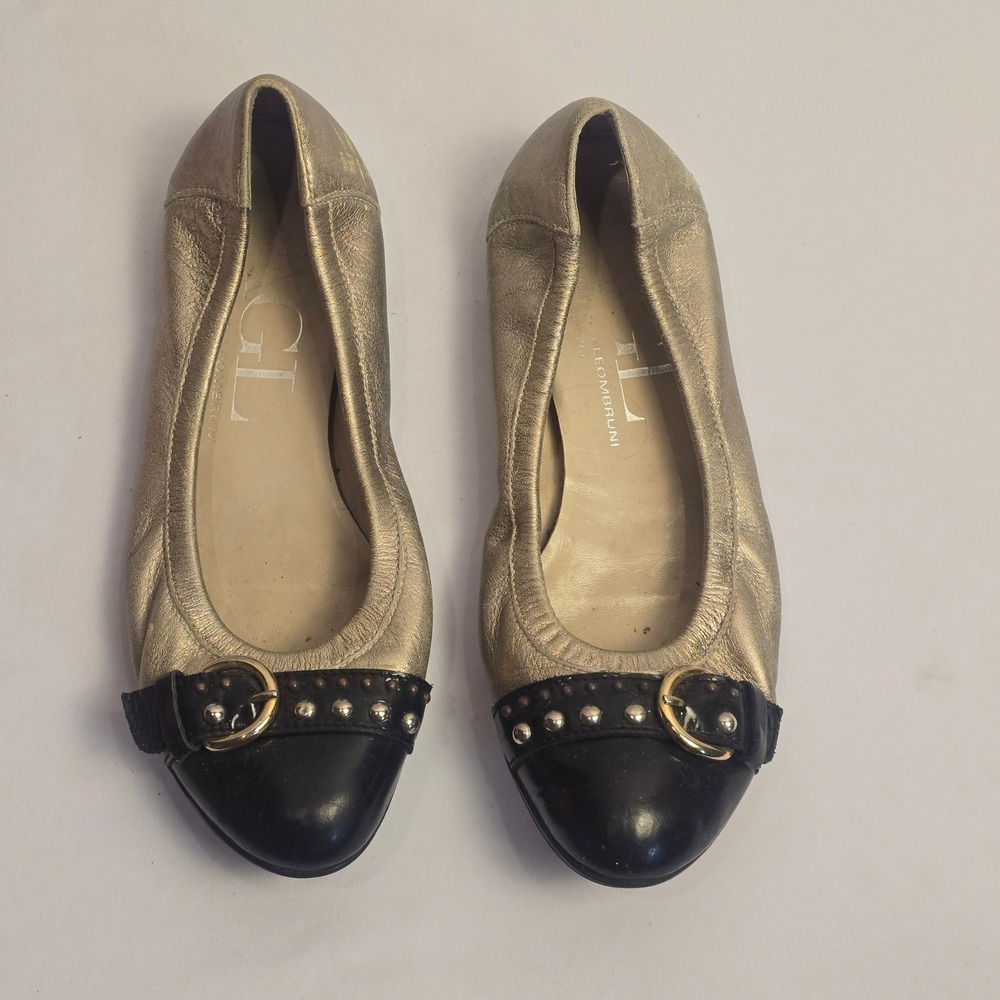 AGL Attilio Giusti Leombruni‎ Metallic Gold Black Cap Toe Studded Flats 39